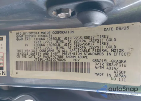 2005 Toyota 4Runner Sr5 V6 from USA, damaged, VIN JTEBU14R250076026